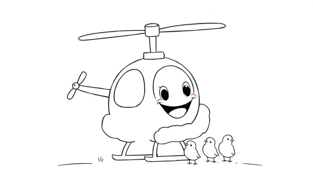 Disegno da colorare di un elicottero sorridente con rotori e quattro pulcini in fila.