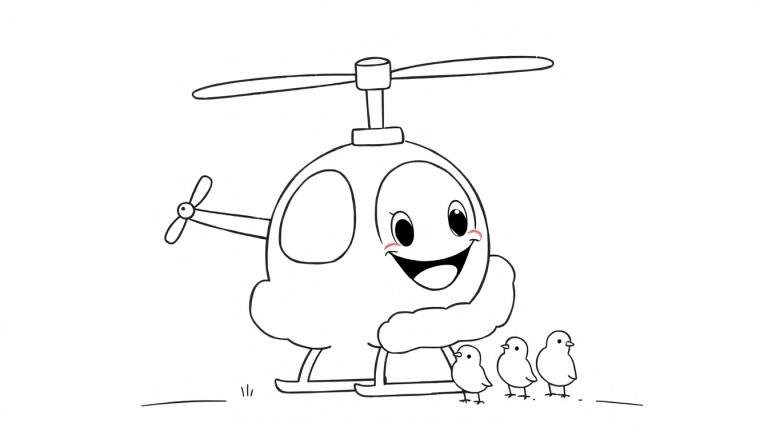 Disegno da colorare di un elicottero sorridente con rotori e quattro pulcini in fila.