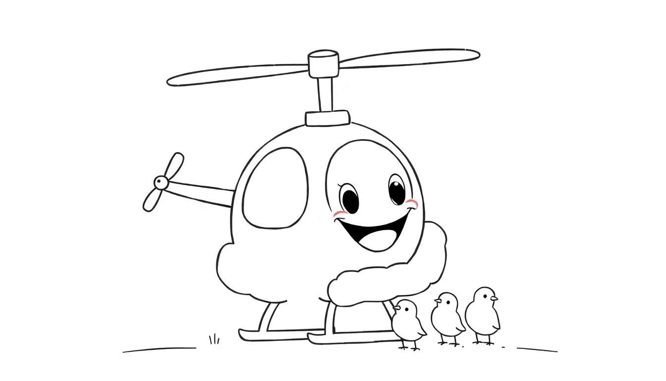 Disegno da colorare di un elicottero sorridente con rotori e quattro pulcini in fila.