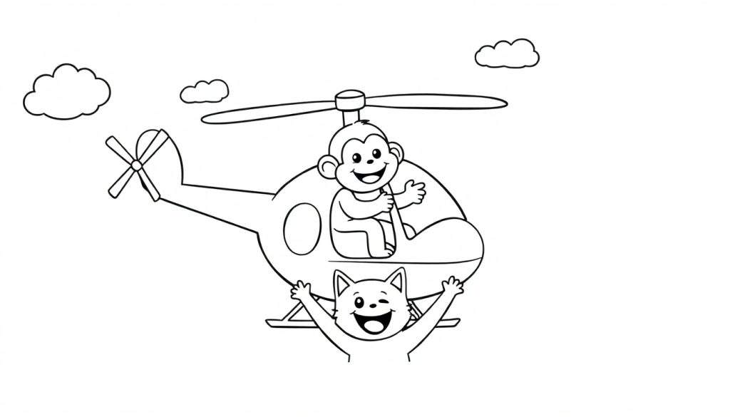 Disegno da colorare di un elicottero con un gatto pilota che sorride fuori dalla cabina, volando nel cielo con due nuvole.