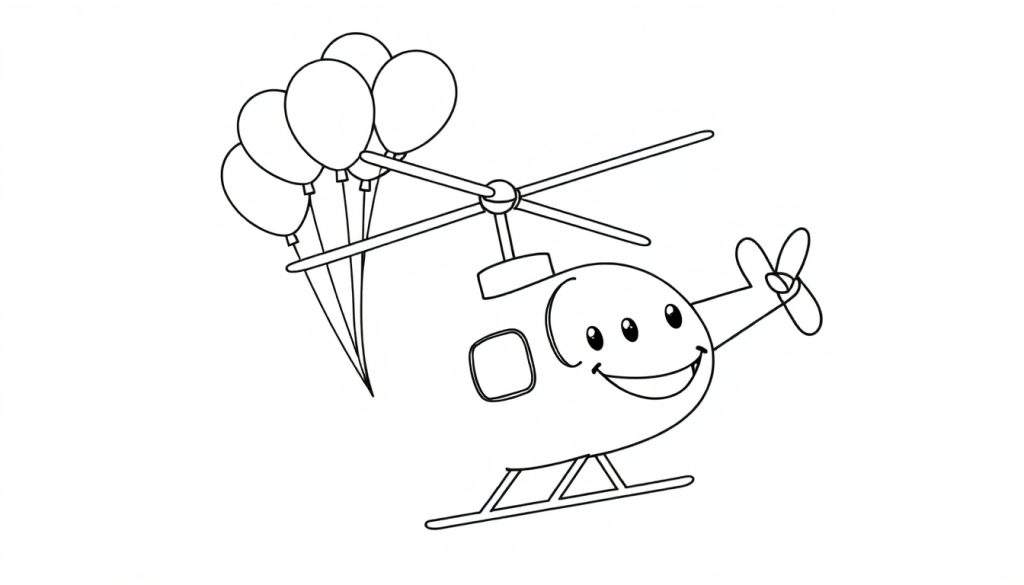 Disegno da colorare di un elicottero di cartone animato sorridente con palloncini e rotori.
