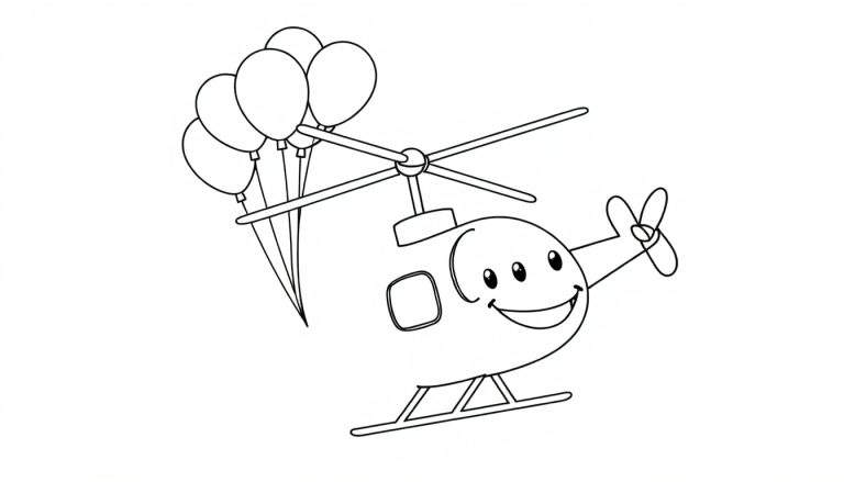 Disegno da colorare di un elicottero di cartone animato sorridente con palloncini e rotori.