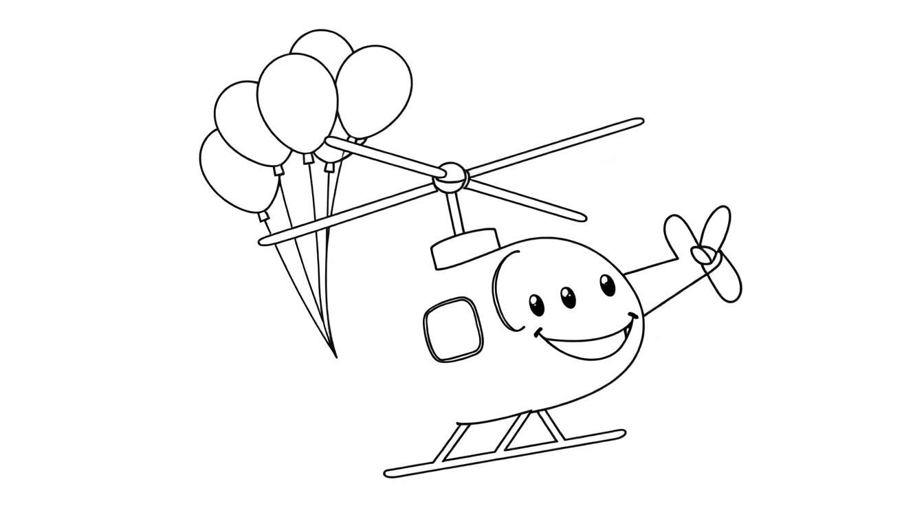 Disegno da colorare di un elicottero di cartone animato sorridente con palloncini e rotori.