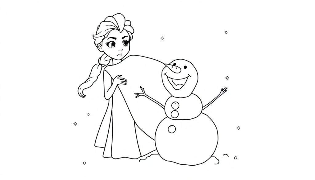 Disegno al tratto di Elsa e Olaf, personaggi di Frozen, con Elsa che manipola del ghiaccio e Olaf che la guarda felice.