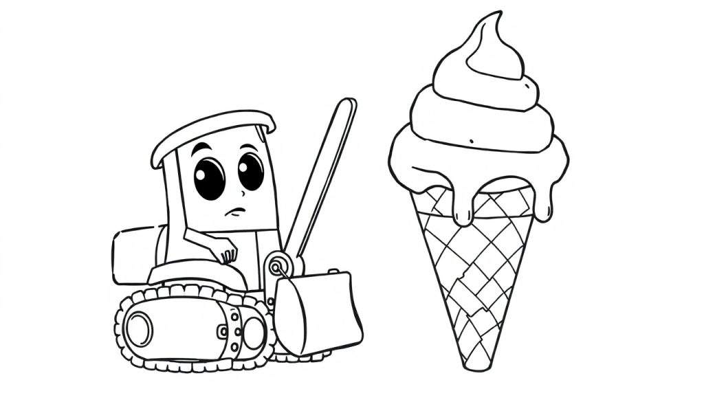 Disegno a linea di un escavatore con un volto allegro che tiene un cono gelato, pronto per essere colorato.