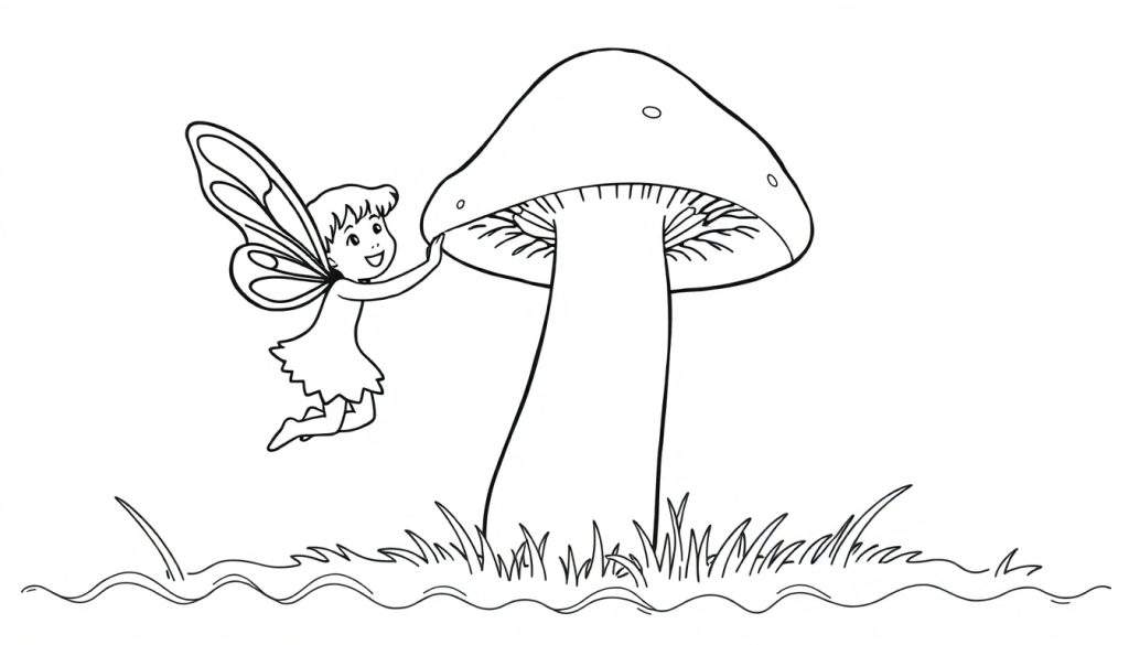 Disegno da colorare di una fatina con ali, sorridente, che si tiene attaccata a un fungo con erba e onde sullo sfondo.