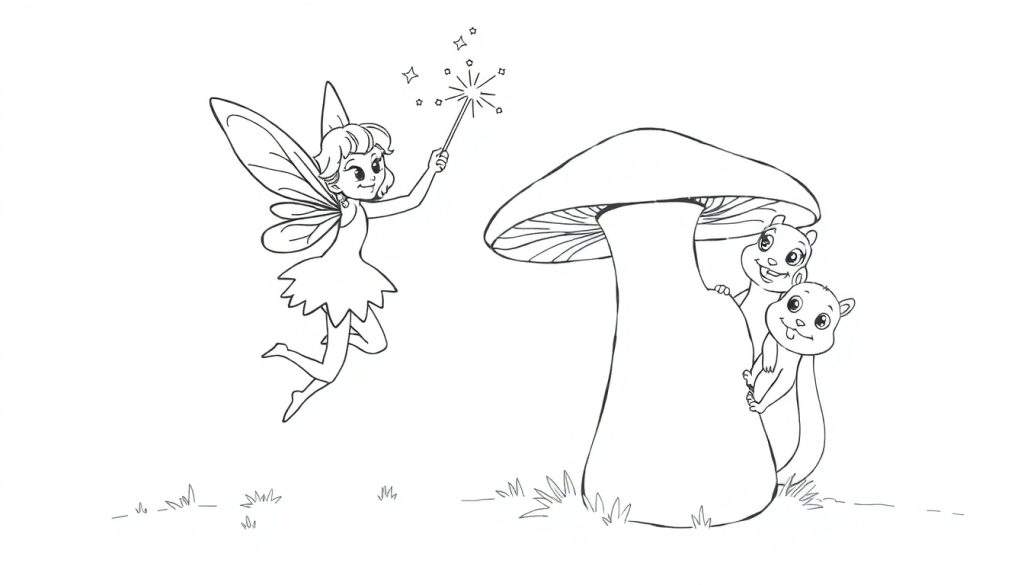 Disegno da colorare: fatina con bacchetta magica, fungo, due scoiattoli e erba.