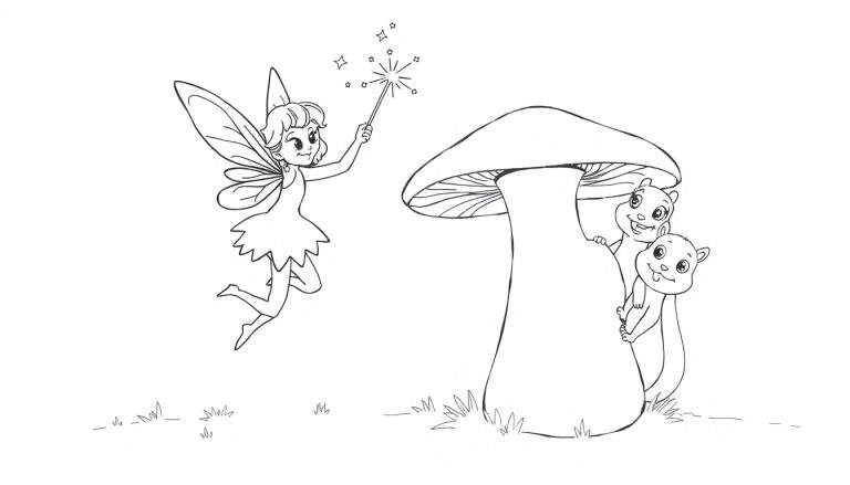 Disegno da colorare: fatina con bacchetta magica, fungo, due scoiattoli e erba.