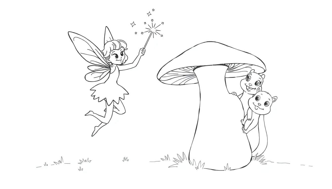 Disegno da colorare: fatina con bacchetta magica, fungo, due scoiattoli e erba.