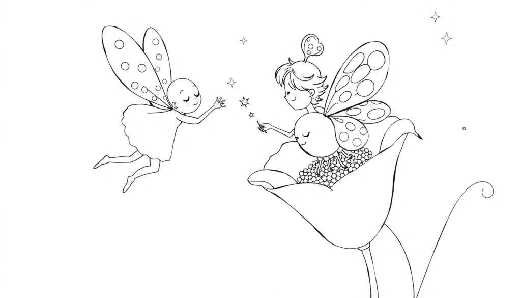 Due fatine con ali e bacchette magiche, una in volo e una seduta su un fiore, con stelle sparse.