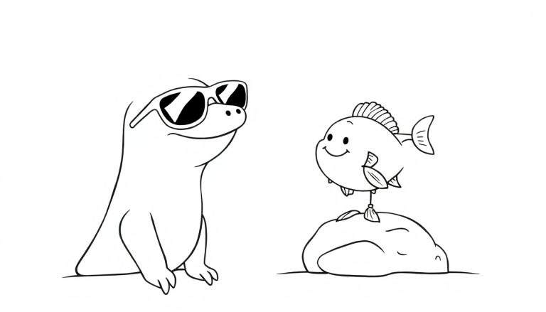 Disegno per bambini di una foca stilizzata con occhiali da sole neri, in piedi accanto a una roccia su cui è bilanciato un piccolo pesce.