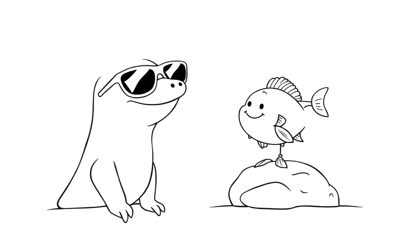 Disegno per bambini di una foca stilizzata con occhiali da sole neri, in piedi accanto a una roccia su cui è bilanciato un piccolo pesce.