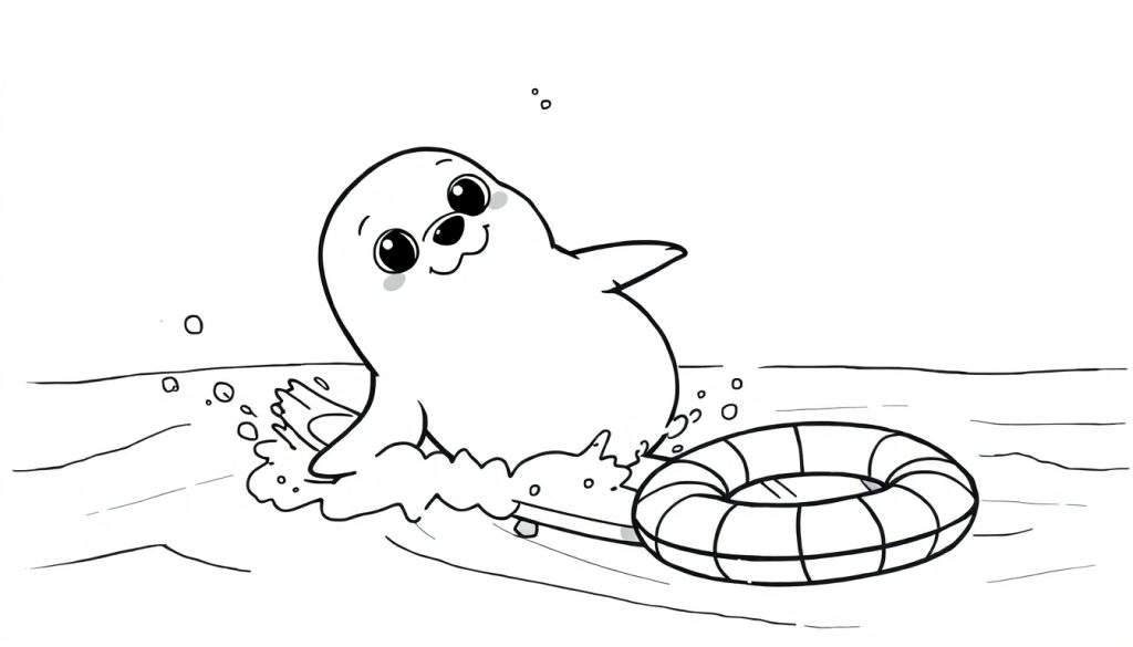 Disegno in bianco e nero di una foca felice che gioca con un salvagente rotondo nell'acqua, con bollicine d'acqua intorno.