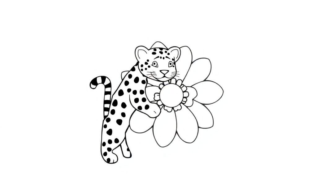 Disegno al tratto di un ghepardo stilizzato con macchie nere che tiene un grande fiore tra le zampe, pronto per essere colorato.