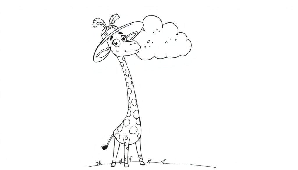 Disegno da colorare di una giraffa stilizzata con un cappello piumato e una nuvola.