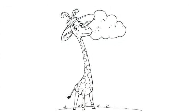 Disegno da colorare di una giraffa stilizzata con un cappello piumato e una nuvola.