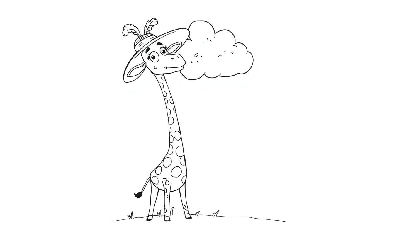 Disegno da colorare di una giraffa stilizzata con un cappello piumato e una nuvola.
