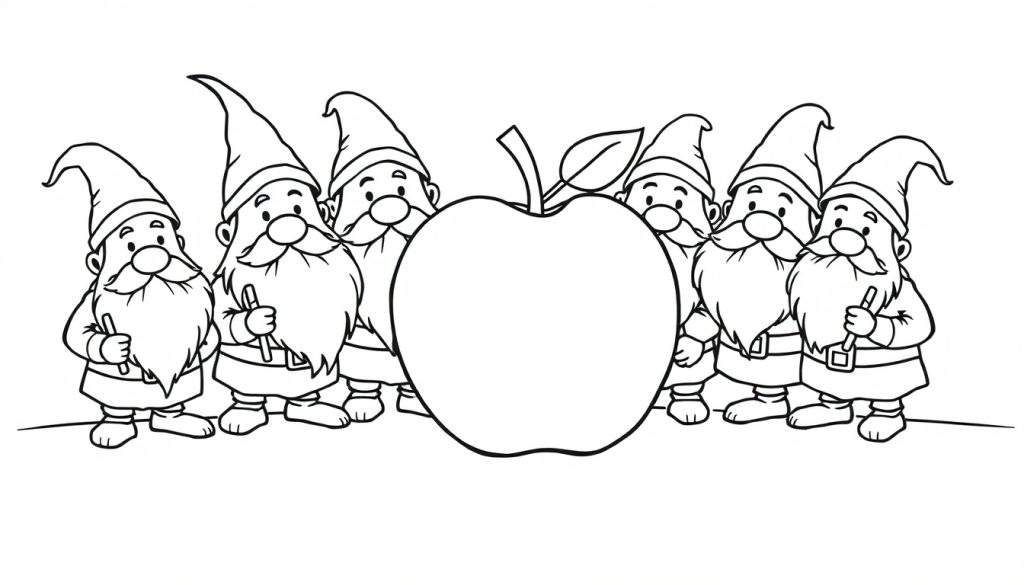 Disegno a contorno di una mela grande con sei gnomi sorridenti ai lati, tenendo piccoli oggetti. Pagina da colorare per bambini.