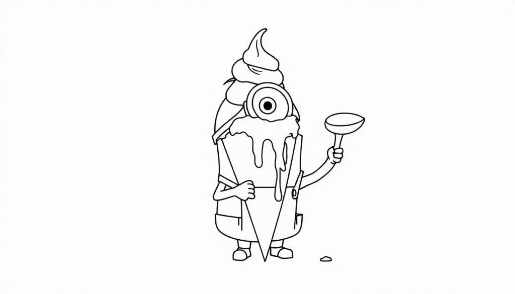 Disegno da colorare di un personaggio Minion con un occhio solo che tiene un gelato che cola e un mestolo da gelato vuoto.