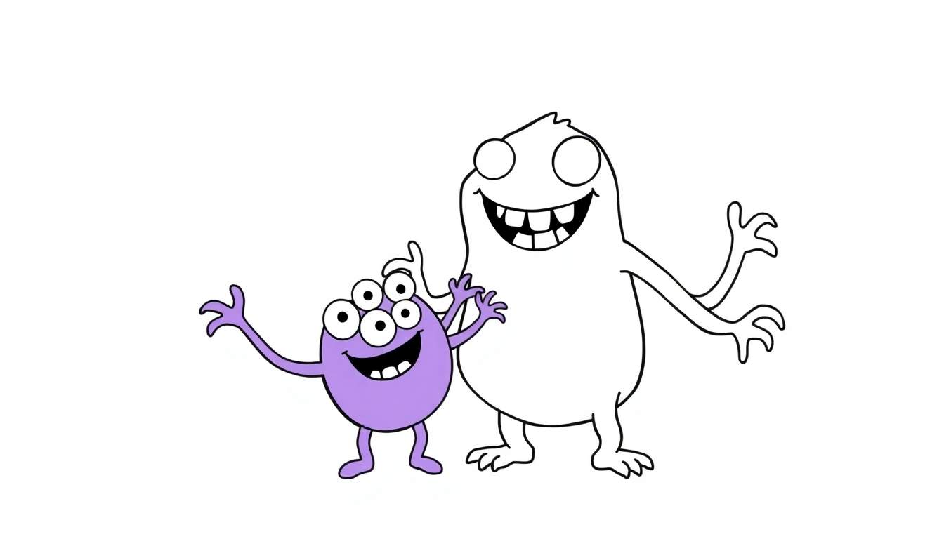 Disegno per bambini di due mostri colorati che giocano insieme, uno viola e uno bianco.