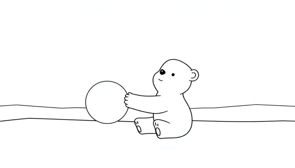 Disegno da colorare di un orso polare stilizzato seduto che tiene una palla bianca, con un'espressione allegra e due linee curve sullo sfondo.