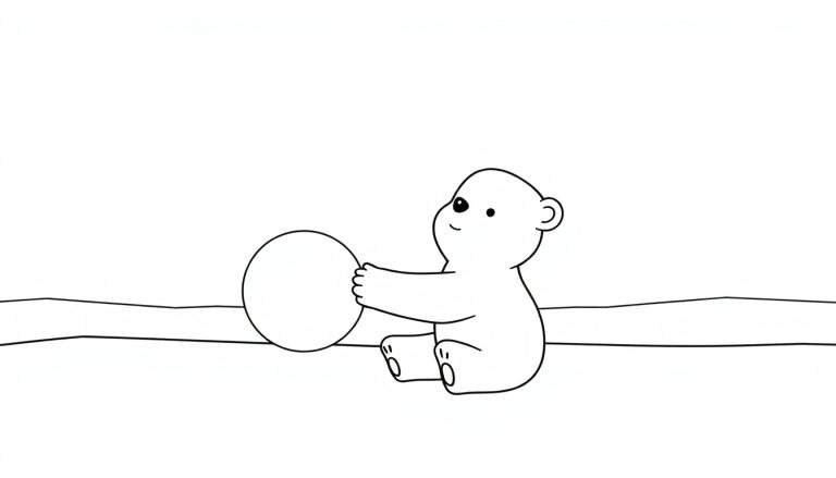 Disegno da colorare di un orso polare stilizzato seduto che tiene una palla bianca, con un'espressione allegra e due linee curve sullo sfondo.