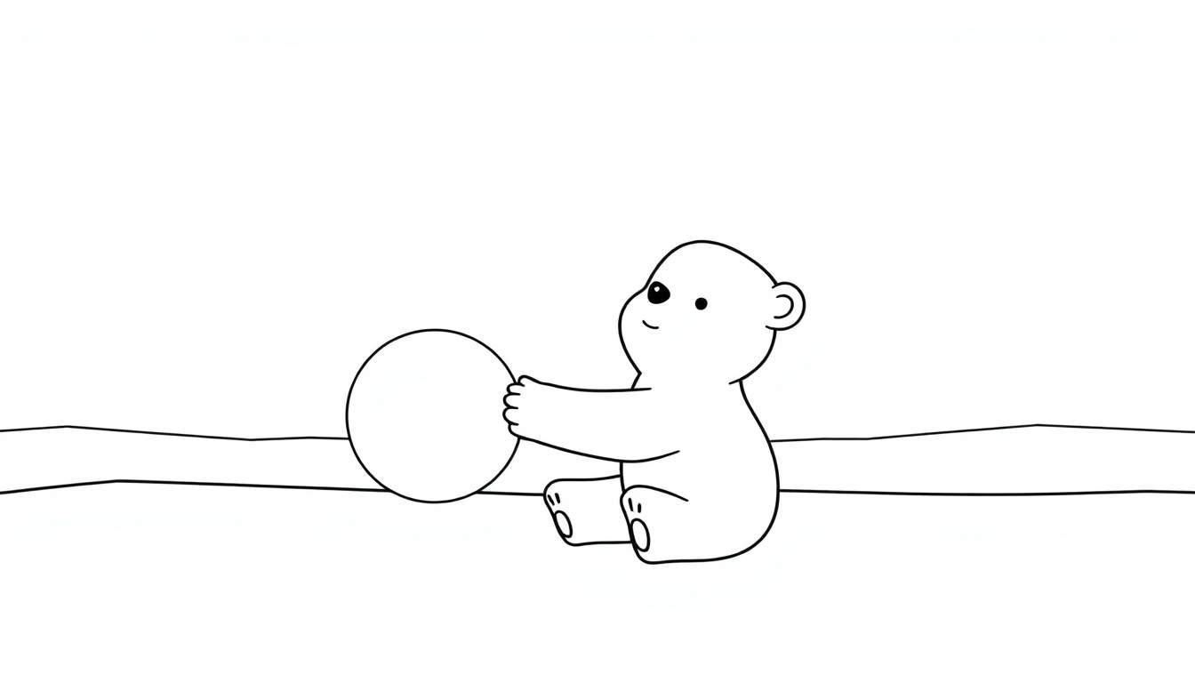 Disegno da colorare di un orso polare stilizzato seduto che tiene una palla bianca, con un'espressione allegra e due linee curve sullo sfondo.