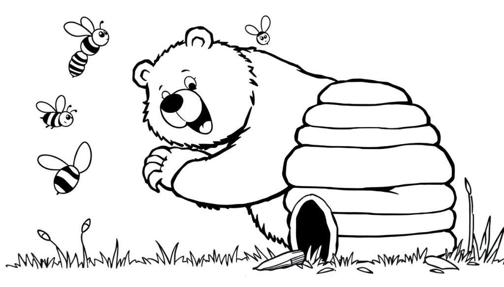 Disegno da colorare di un orso che guarda da un alveare con api, erba e spighe