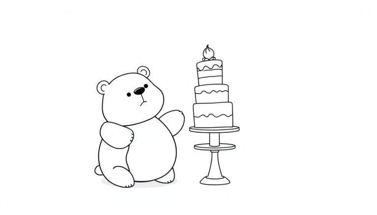 Disegno da colorare: orso polare pensieroso accanto a una torta decorata con onde e candela accesa. Sfondo bianco.