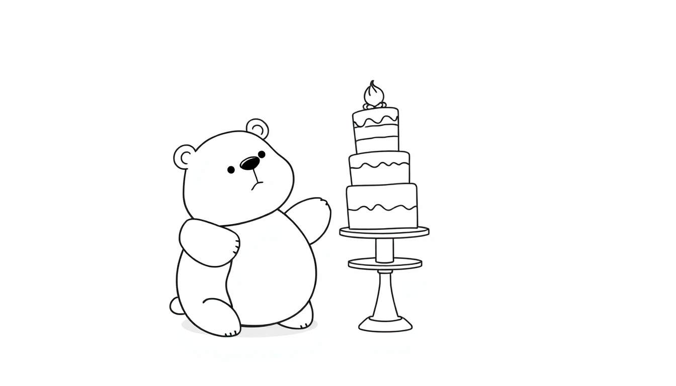 Disegno da colorare: orso polare pensieroso accanto a una torta decorata con onde e candela accesa. Sfondo bianco.