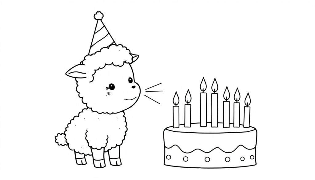 Disegno da colorare di una pecora con cappello da festa che spegne le candeline su una torta di compleanno.