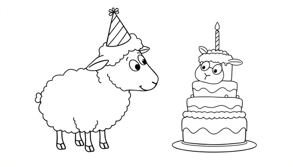 Disegno da colorare di una pecora con cappello da festa e torta di compleanno a più piani con testa di pecora.