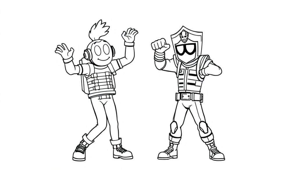 Disegno da colorare di due personaggi stilizzati in bianco e nero, uno saluta e l'altro è in posa da combattimento.