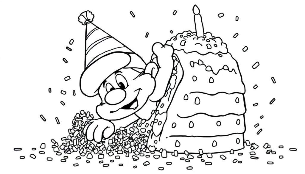 Disegno a linea di un personaggio dei cartoni animati con cappello da festa che spunta da coriandoli, con torta di compleanno multistrato e candela.