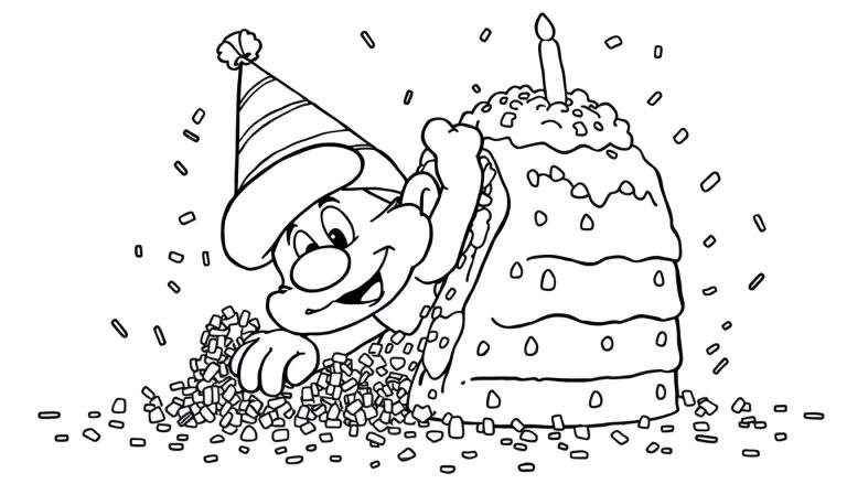Disegno a linea di un personaggio dei cartoni animati con cappello da festa che spunta da coriandoli, con torta di compleanno multistrato e candela.