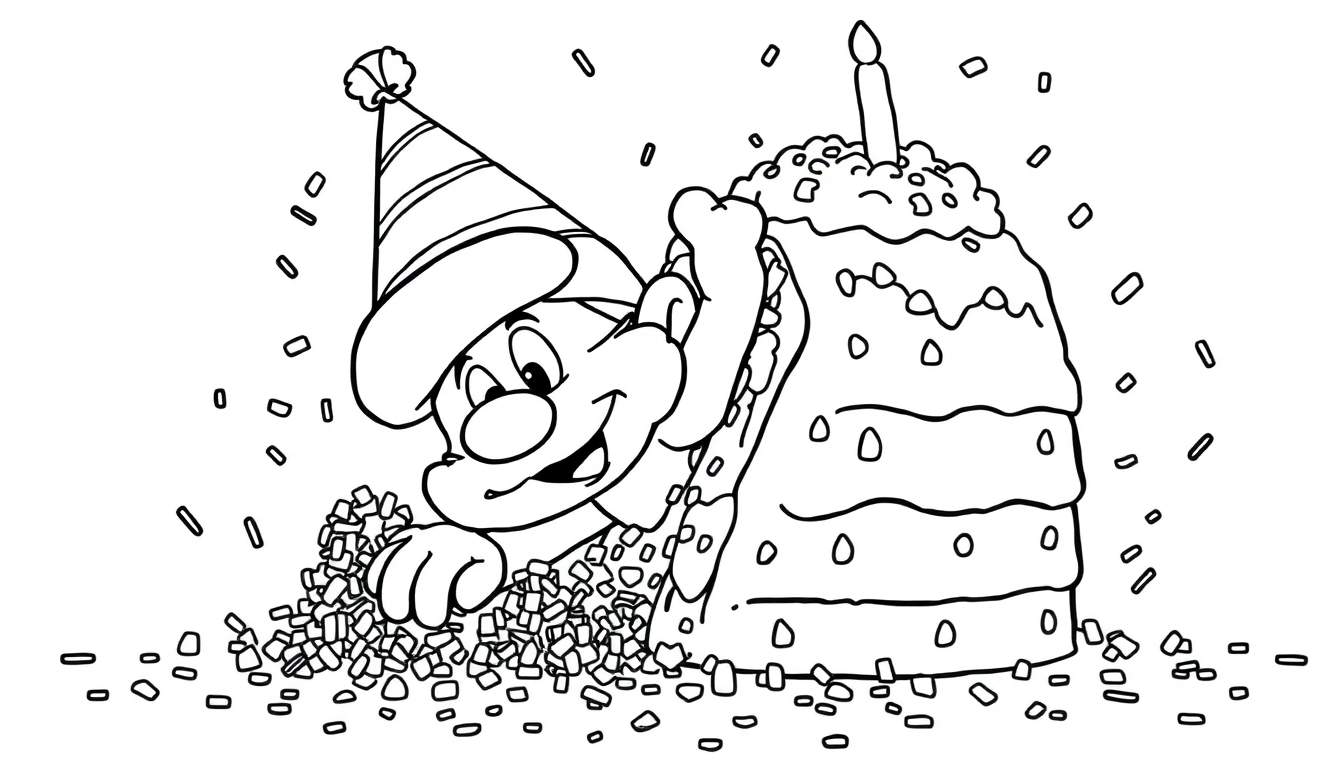 Disegno a linea di un personaggio dei cartoni animati con cappello da festa che spunta da coriandoli, con torta di compleanno multistrato e candela.