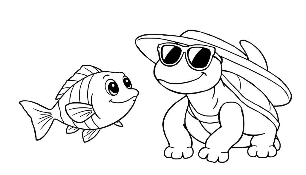 Disegno da colorare con un pesce e una tartaruga che indossa occhiali da sole e un cappello.