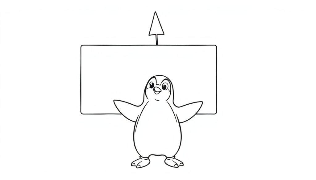 Disegno in bianco e nero di un pinguino sorridente di fronte a una lavagna vuota con una freccia sopra.