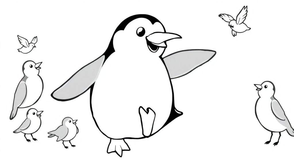 Disegno da colorare con un pinguino e uccellini