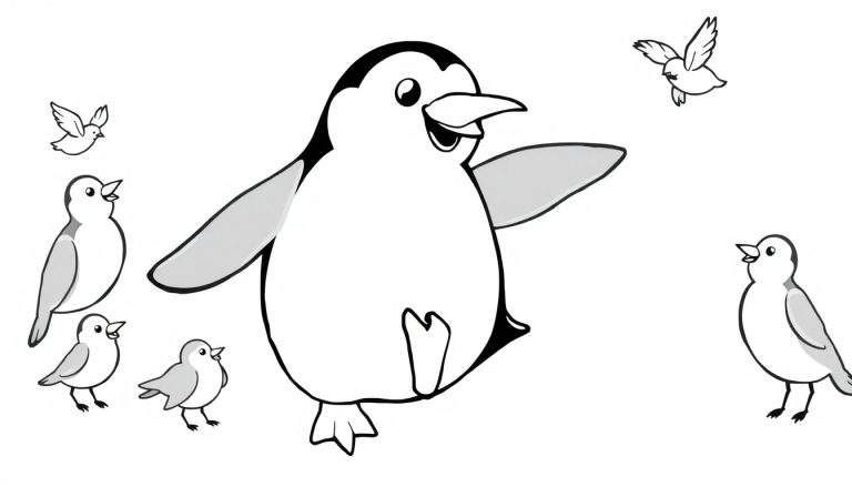 Disegno da colorare con un pinguino e uccellini