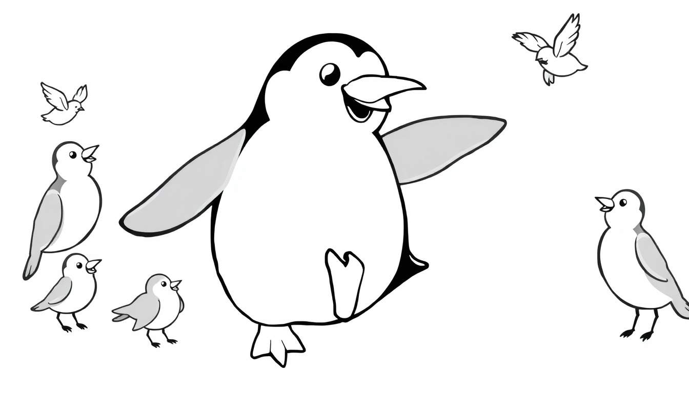 Disegno da colorare con un pinguino e uccellini