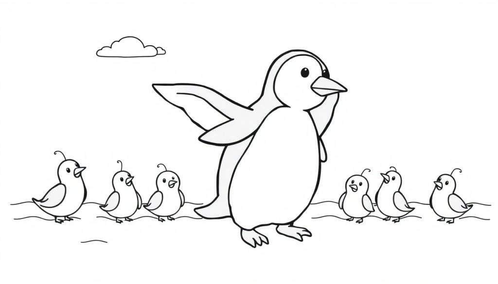 Disegno da colorare di un pinguino con le ali spiegate, circondato da uccellini, con una nuvola sullo sfondo.