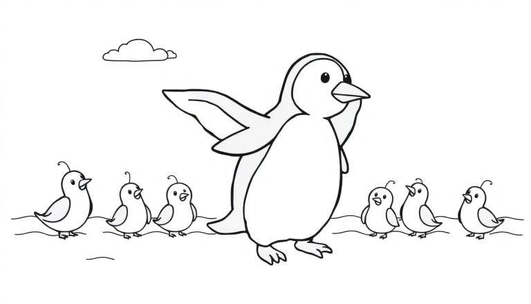 Disegno da colorare di un pinguino con le ali spiegate, circondato da uccellini, con una nuvola sullo sfondo.