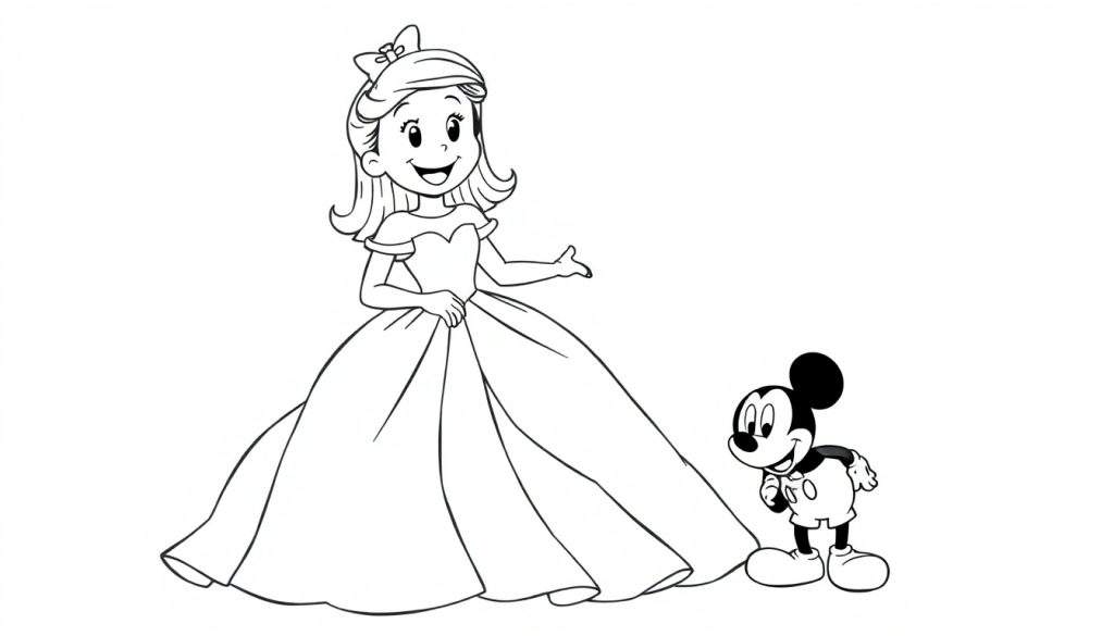 Disegno in bianco e nero di una bambina con vestito da principessa e Topolino.