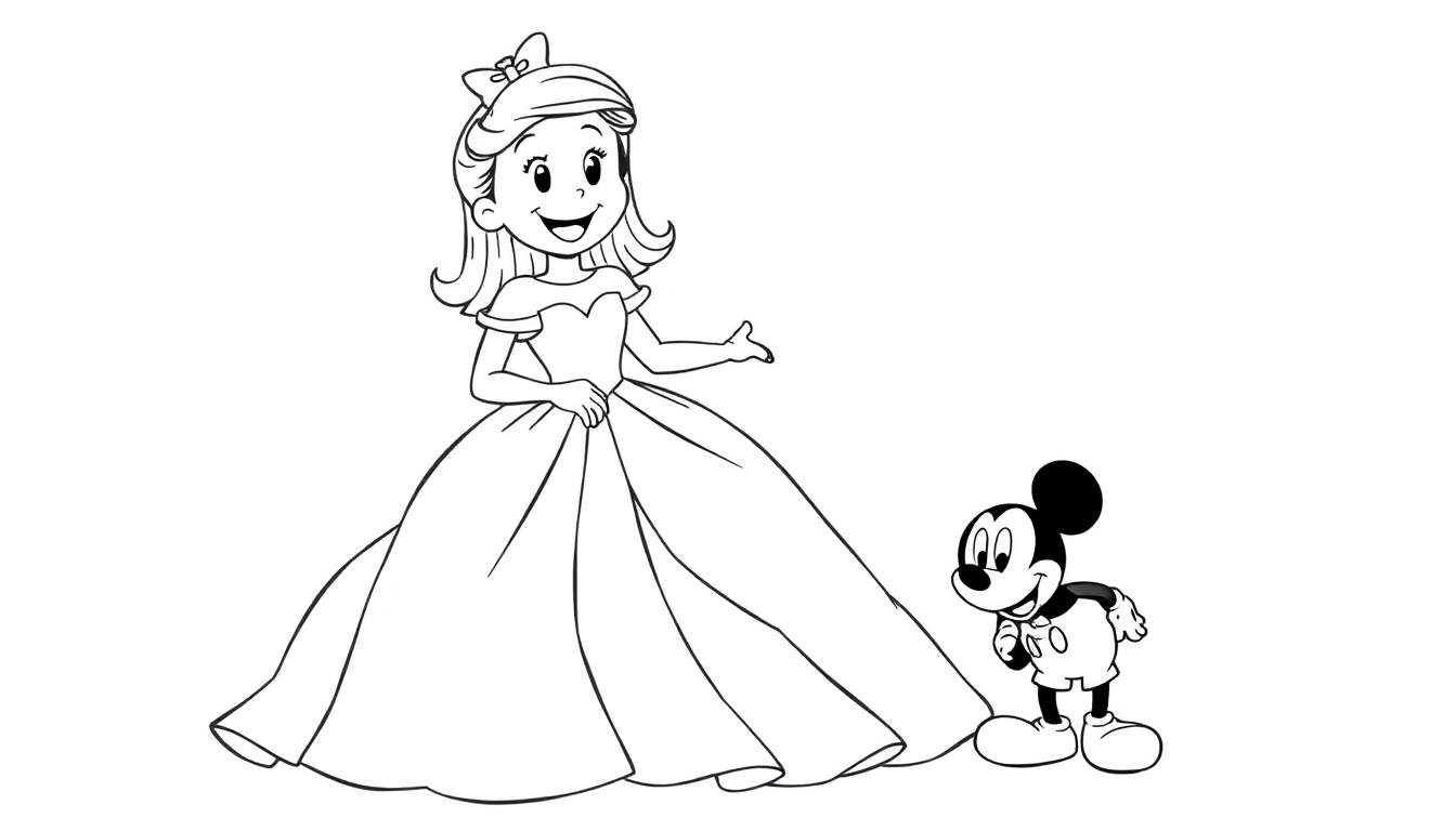 Disegno in bianco e nero di una bambina con vestito da principessa e Topolino.