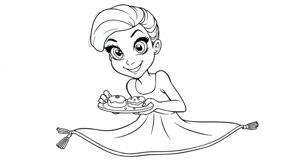 Ragazza animata con capelli eleganti, occhi spalancati e un'espressione felice, che cavalca un tappeto magico con frange e porta un piatto di ciambelle.