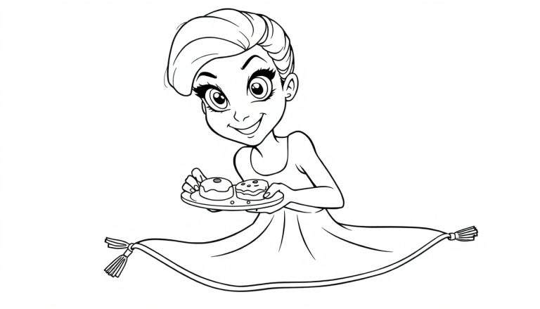 Ragazza animata con capelli eleganti, occhi spalancati e un'espressione felice, che cavalca un tappeto magico con frange e porta un piatto di ciambelle.