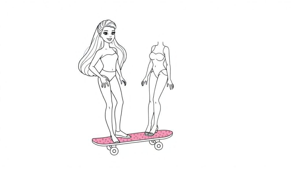 Disegno da colorare di due figure femminili stilizzate su uno skateboard, una completa e l'altra incompleta, su sfondo bianco.
