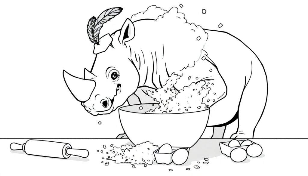 Disegno a mano libera di un rinoceronte sorridente che cucina un dolce, con farina e uova sul tavolo e una piuma sulla testa.