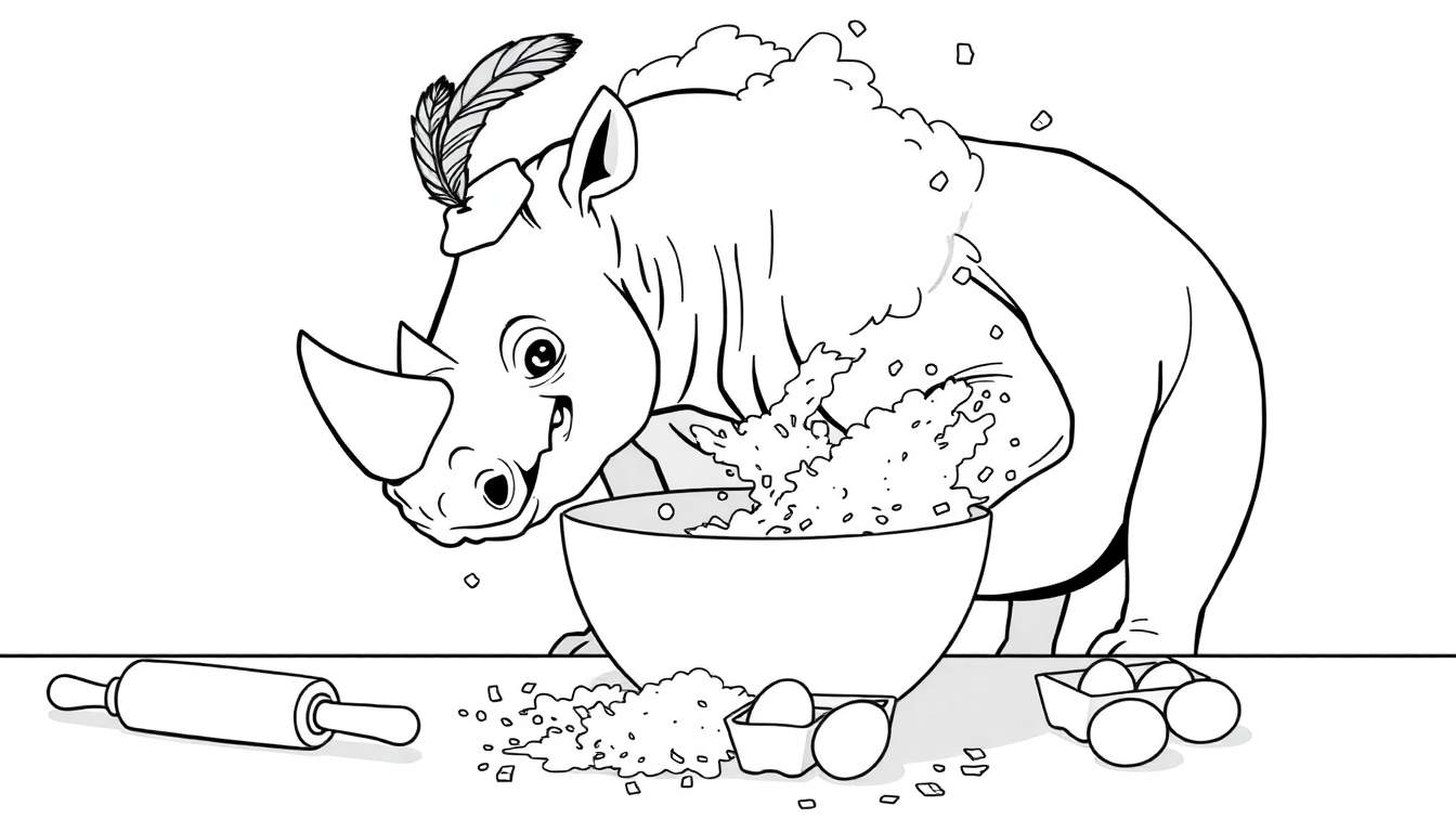 Disegno a mano libera di un rinoceronte sorridente che cucina un dolce, con farina e uova sul tavolo e una piuma sulla testa.